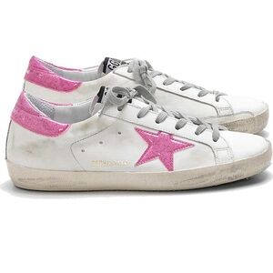 Distressed Star Sneakers Pink Glitter Low Top Leather Skateboard W40 New